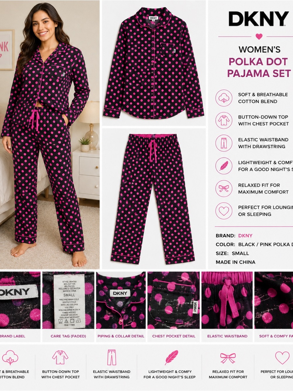 DKNY Women's Black and Pink Polka Dot Pajama Set Size Small